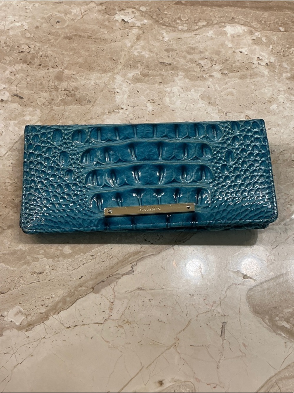 Brahmin Teal Crocodile-Embossed Leather Clutch Wallet
